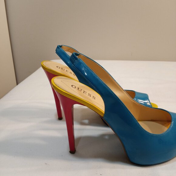 GUESS PRIMARY COLOURS PATENT LEATHER HIGH HEEL SLING BACK PUMP WOMEN SIZE 10 - Picture 5 of 7